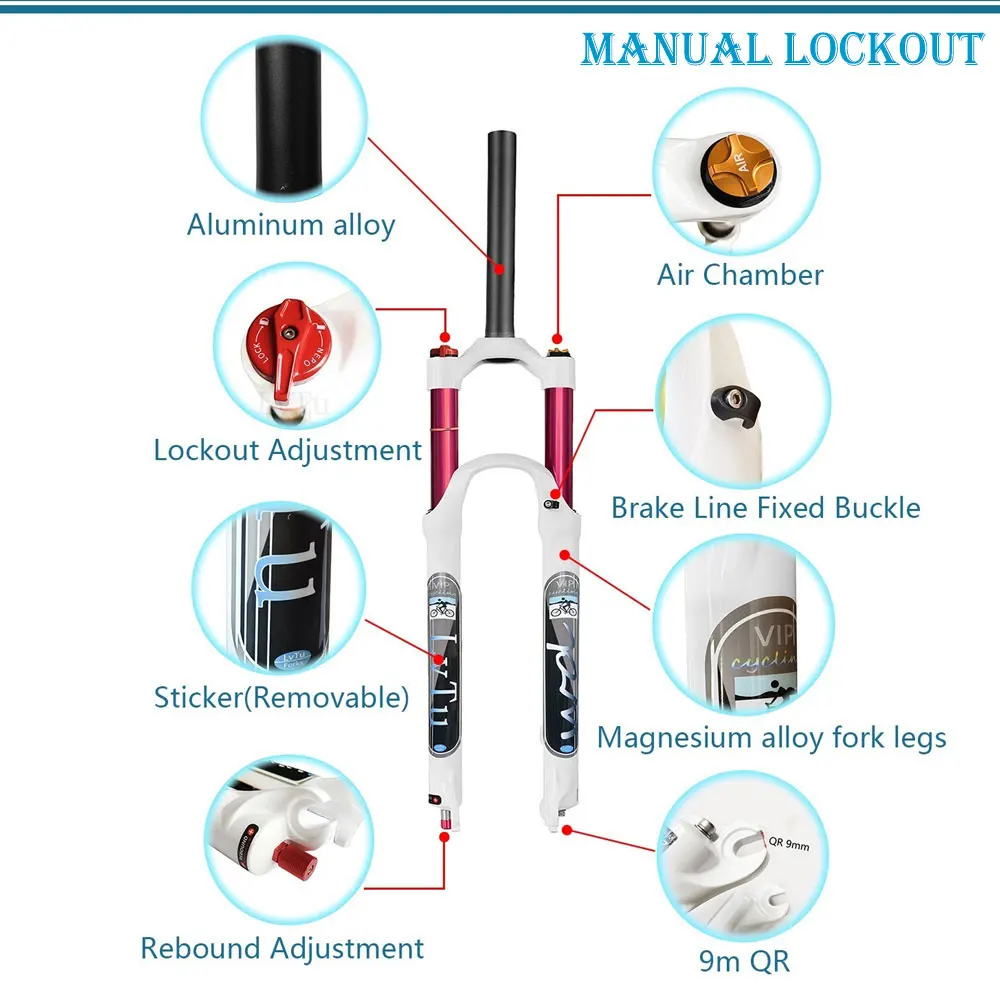 Mountain Bicycle Suspension Fork, MTB Bike Air Fork, Magnesium Alloy, Straight or Tapered, 26 \