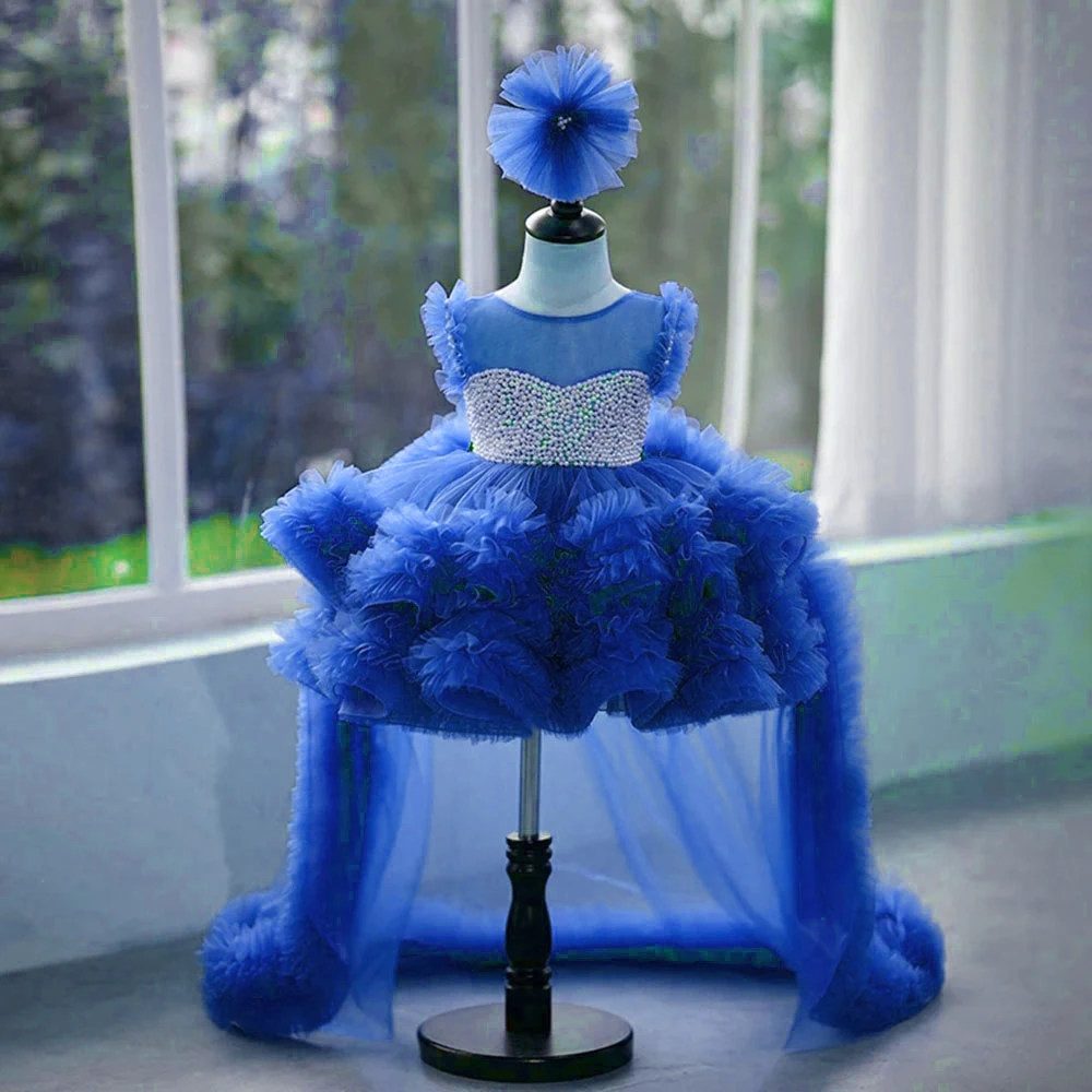 Royal Blue Flower Girl Dress For Wedding Sleeveless O Neck Layered With Pearls Cute Princess Birthday Party Ball Gowns