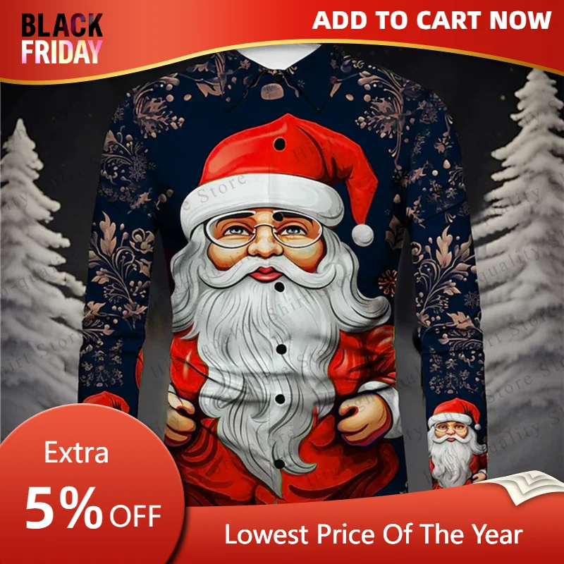 

Santa Claus men's shirt comfortable and breathable men's clothing fashionable plus size Christmas long sleeved shirt design