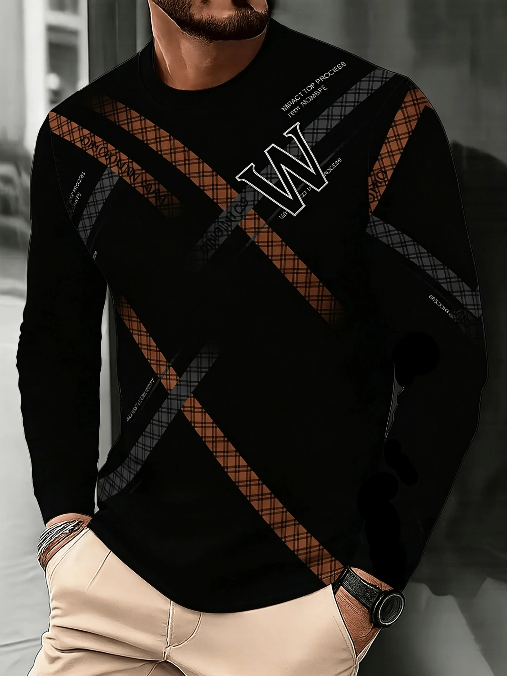 Men's printed casual long-sleeve shirt, street-style trendy fashion T-shirt, breathable, versatile for outdoor wear, loose fit.