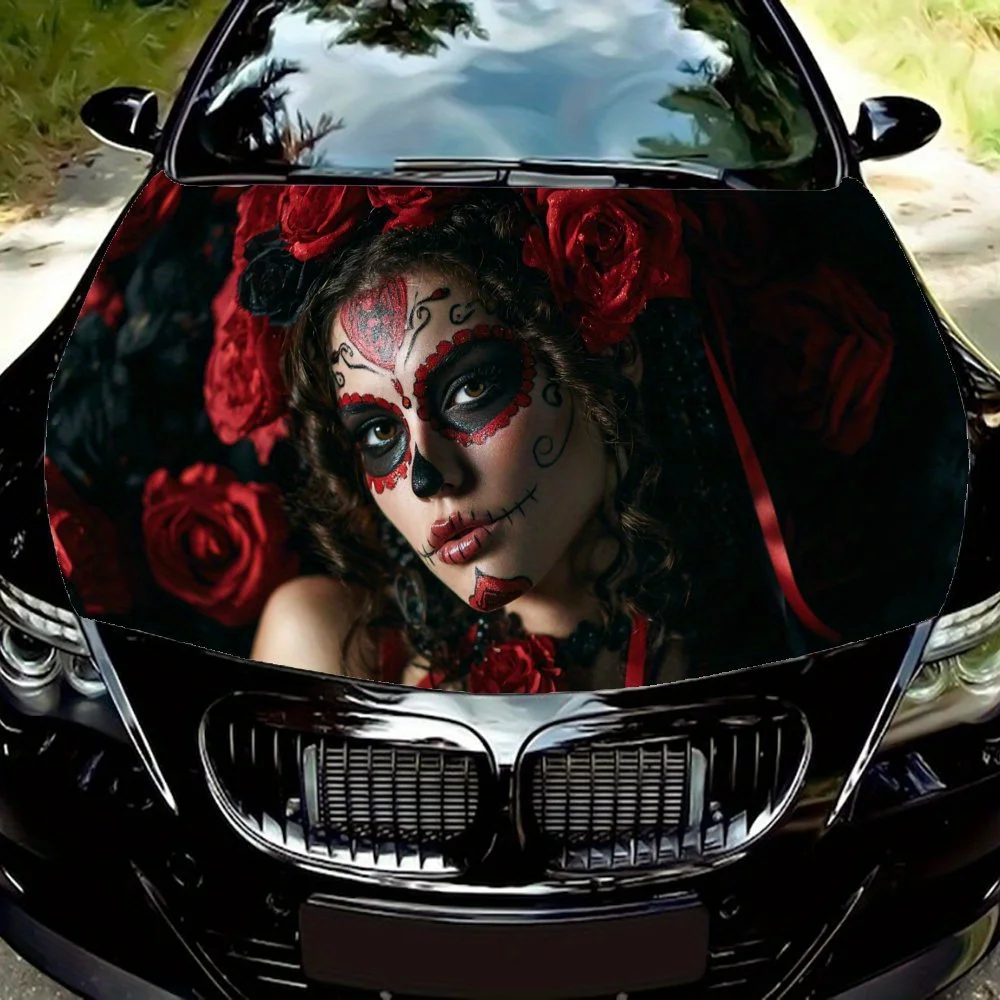 

Red Rose Sugar Skeleton Girl PVC Car Vinyl Wraps, Self-Adhesive Waterproof Car Hood Decal Sticker, Car Decoration Protection Sti