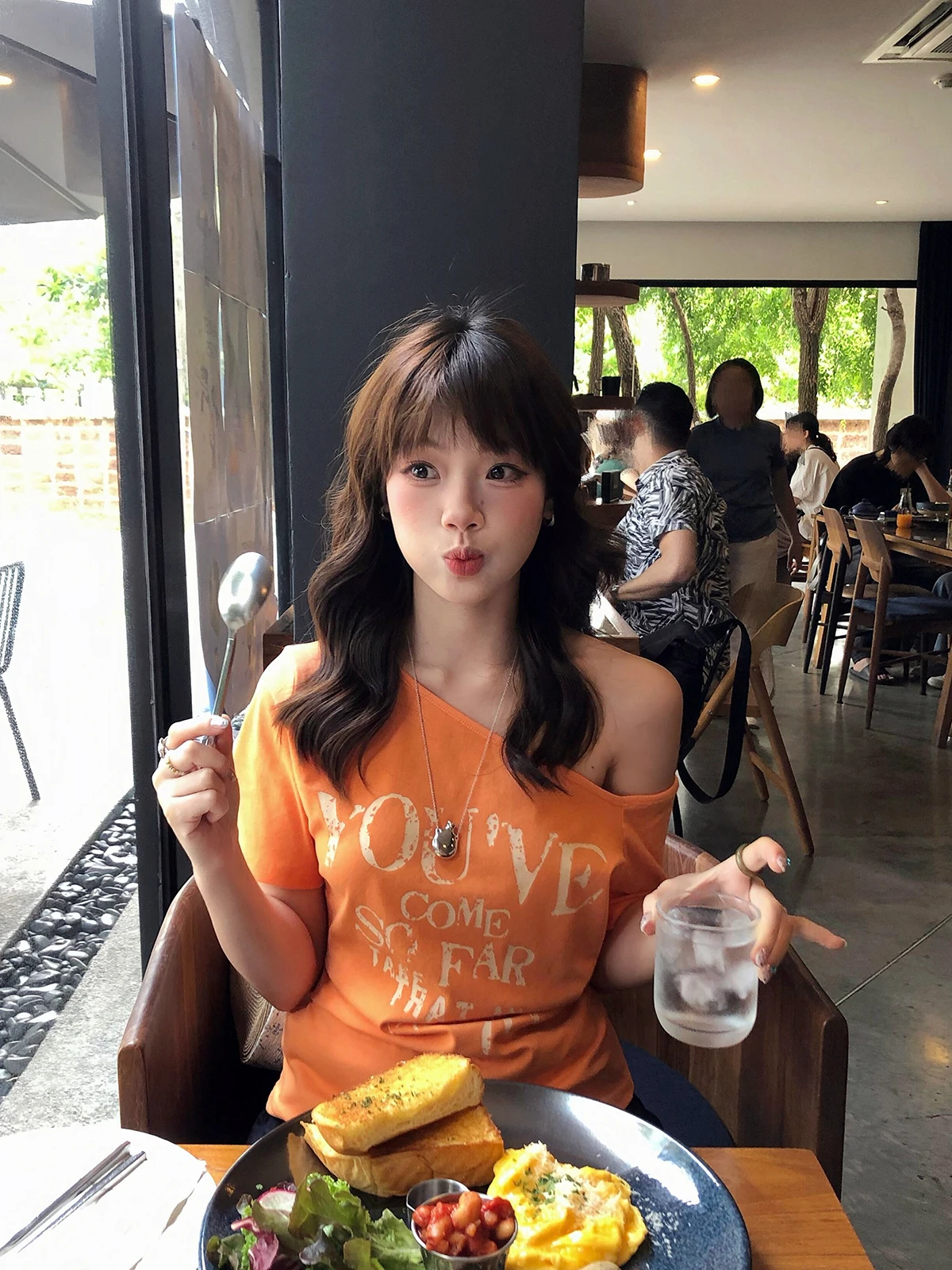 Sakura Orange Printed Letter T-Shirt Women's Slim Fit Short Sleeve Casual Top Summer Fashion Design Shoulder Length Top