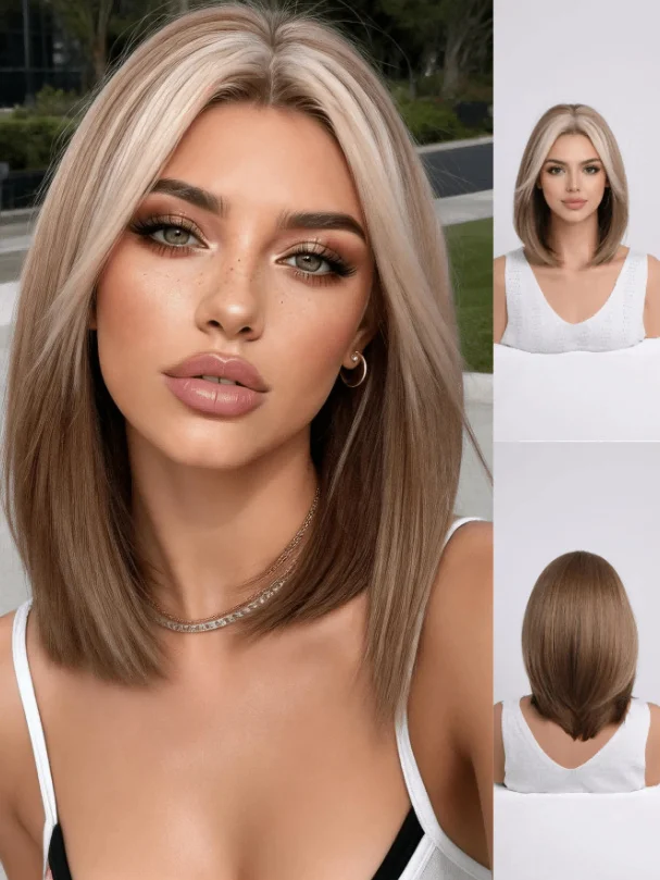 

Glueless 13*4 Ombre Platinum Blonde Short Straight Bob Lace Front Wig for Women Synthetic Daily Club Hair