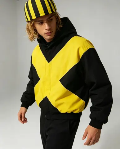 2026 American fashion brand black and yellow cross-shaped jacket high street style loose stand-up collar zipper cardigan jackett