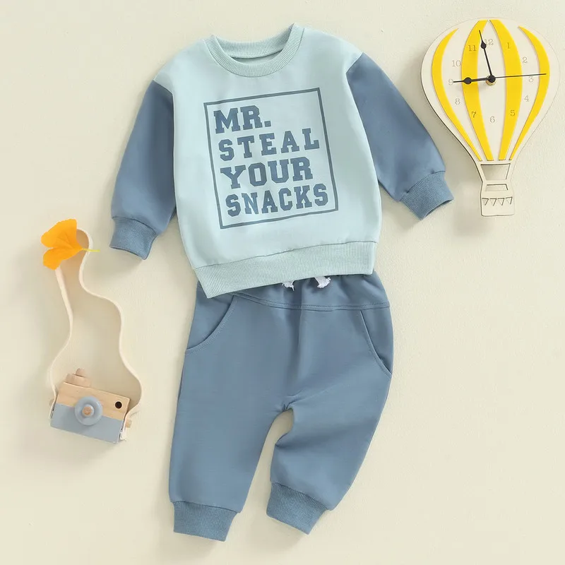 RUEWEY Little Boy Pants Set Spring Autumn Clothes Letter Long Sleeve Contrast Color Sweatshirt Drawstring Pocket Long Pants