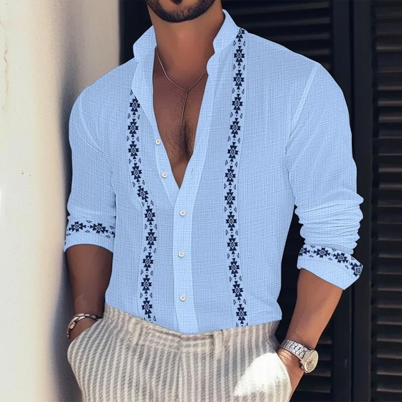 2023 Fashion Button Turn-down Collar Office Blouse Men Holiday Beach Printed Top New Spring Summer Men Casual Cotton Linen Shirt