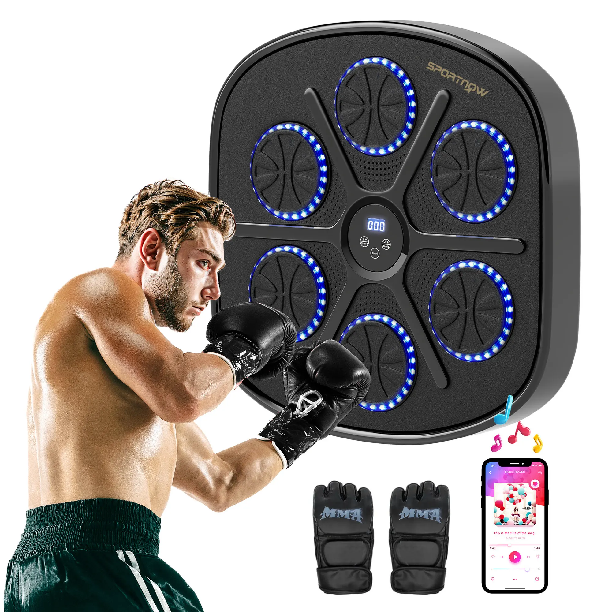 Sportnow Muzikale Muurbokmachine met 9-speed ​ ​ Modi, handschoenen en Bluetooth-verbinding, muzikale muurboksmachine met led-verlichting, voor volwassenen en kinderen thuis, op kantoor, in de