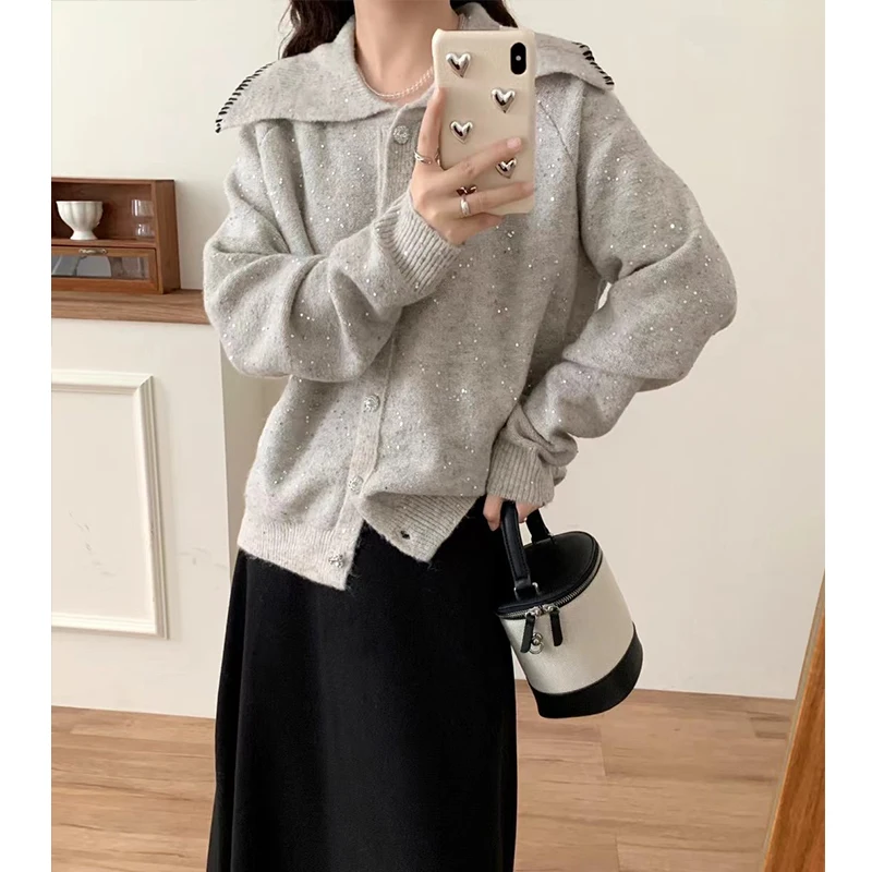 Spring&Autumn POLO Neck Knitted Shirt Color Point Sweater 2024 Long-Sleeved Cardigan Temperament Lapel Tops Coat