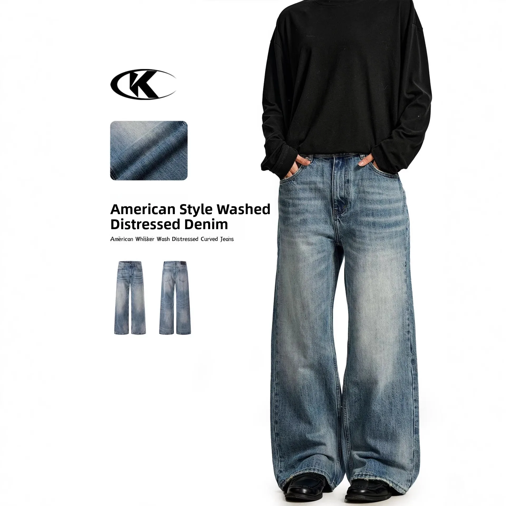 

Retro American Flare Jeans Men's Waed Blue Floor-Length 3D Slimming Casual Straight Leg Jeans Youth Zipper Opening