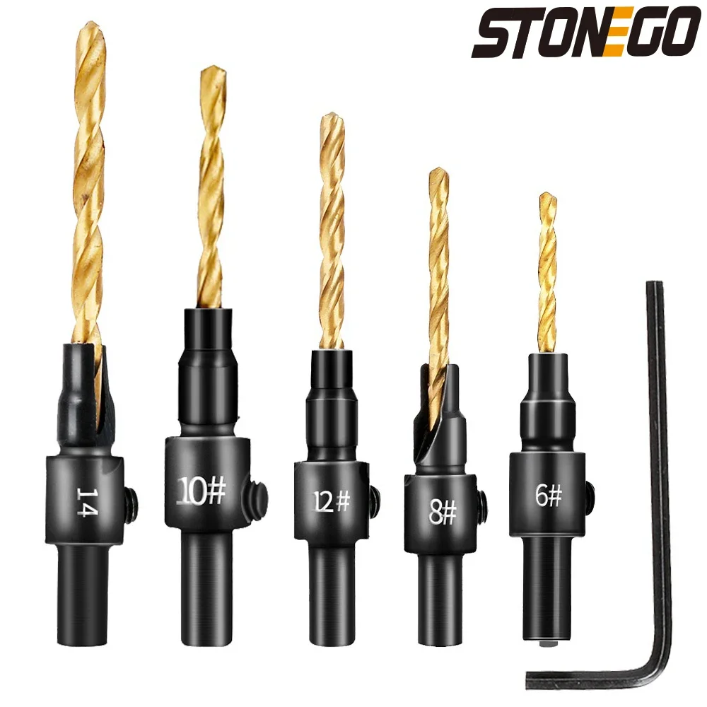 STONEGO 5PCS Countersink Drill Woodworking Drill Bit Set Drilling Pilot Holes For Screw Sizes #6 #8 #10 #12 #14