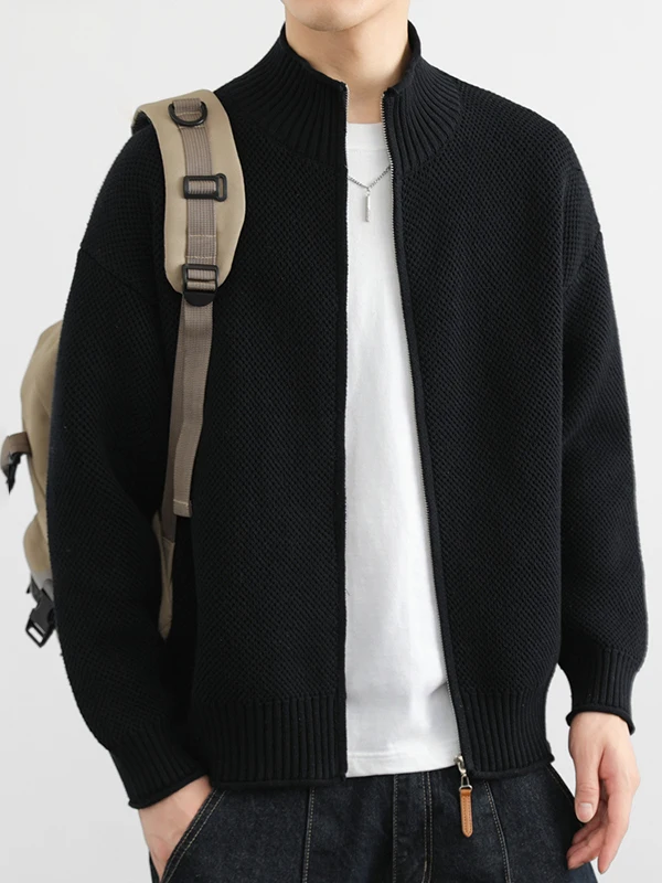 

Men's Knitted Cardigan Jaet Zipper Closure Loose Casual Stand Collar Winter Warm Soft Cotton Polyester Blend Faionable