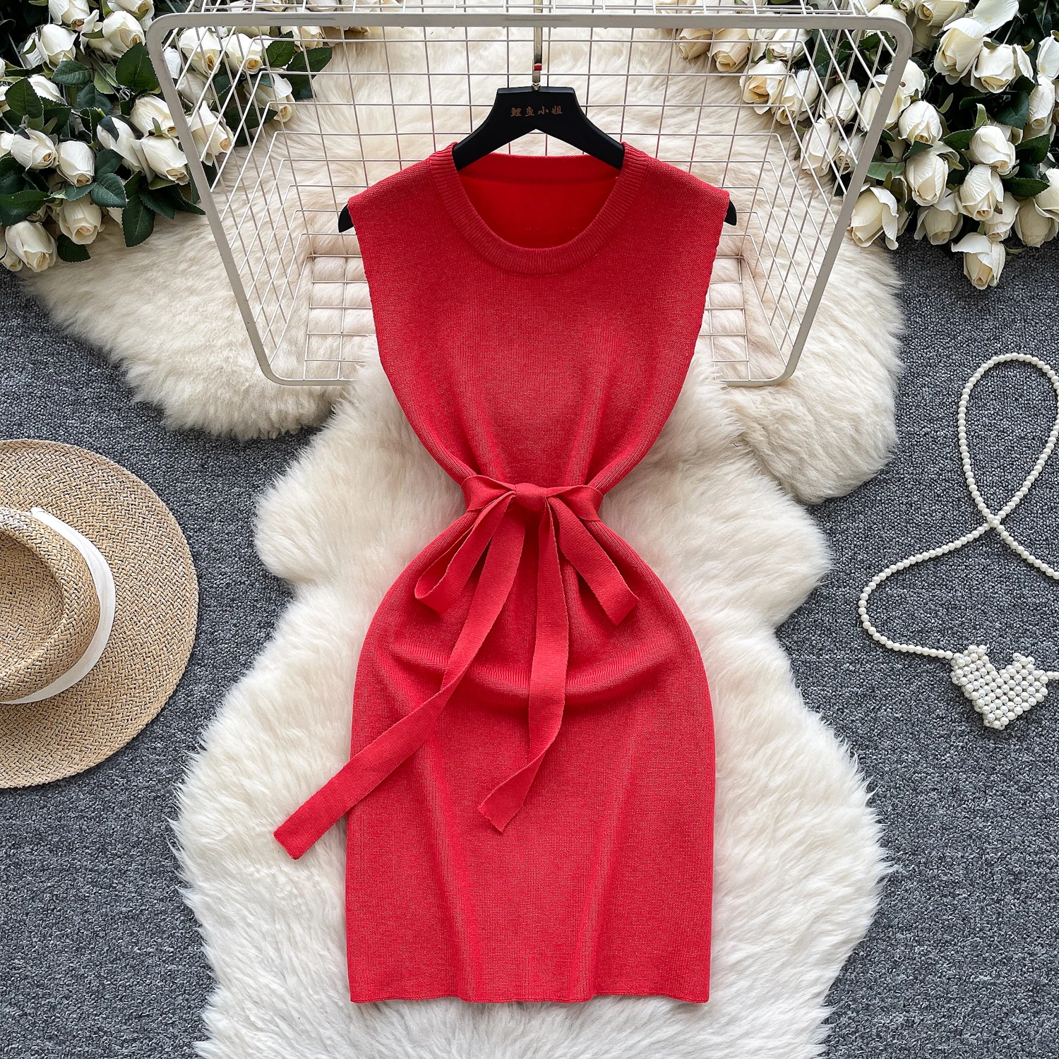 

Sexy Elastic chic Slim Knit sleeveless lace-up O-Neck Elegant Women Summer Korean Fashion Vestidos dress