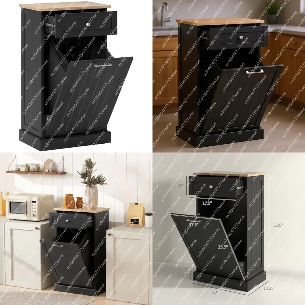 Black Free Standing Kitchen Trash Bin Cabinet With Drawer Wooden Rectangular Model D0100X350VX