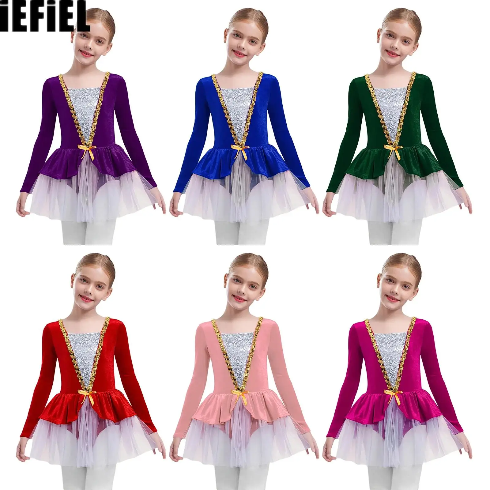 

Kids Girls Ballet Dance Dress Shiny Sequins Long Sleeves Patchwork Velvet Tutu Dress with Built-in Briefs