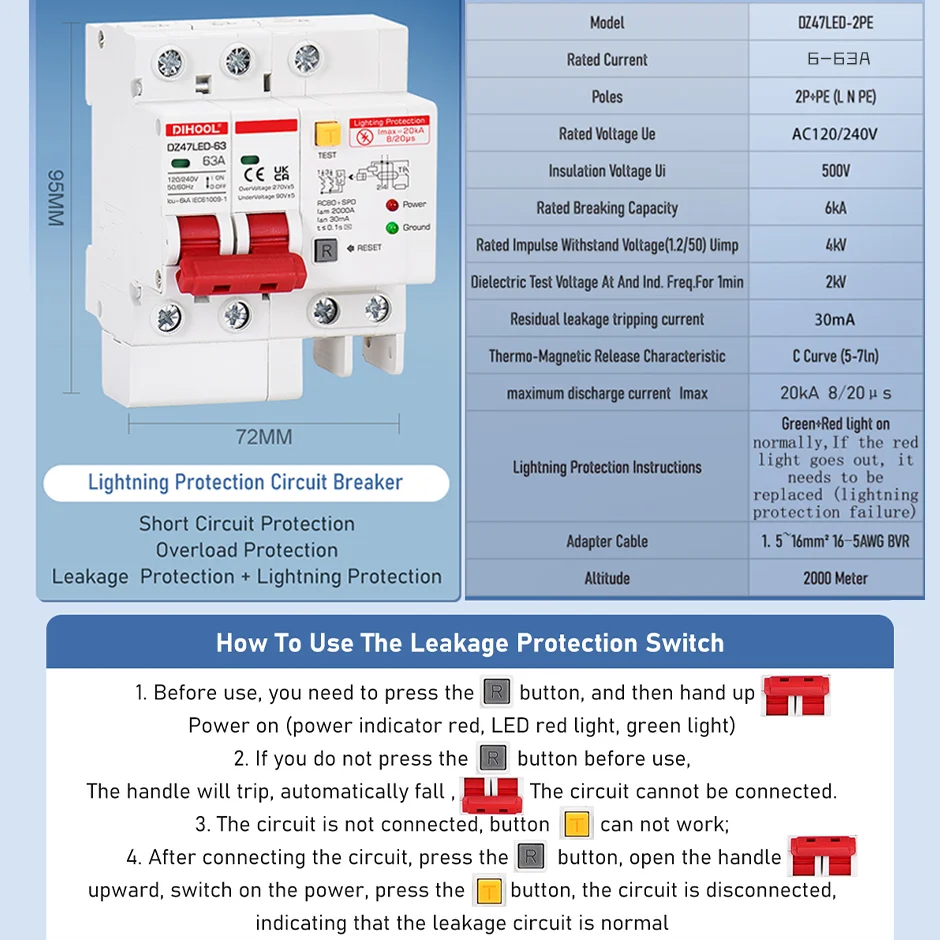 DZ47LED RCBO con protezione contro i fulmini SPD interruttore differenziale perdita di terra 10A 16A 32A 40A 63A