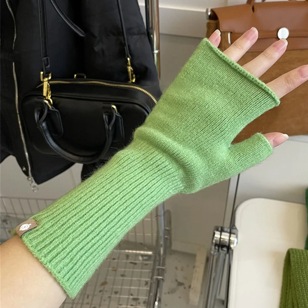 

Cute Warm Knitted Gloves Elastic Long Half Finger Gloves Solid Colour Fingerless Mittens for Students