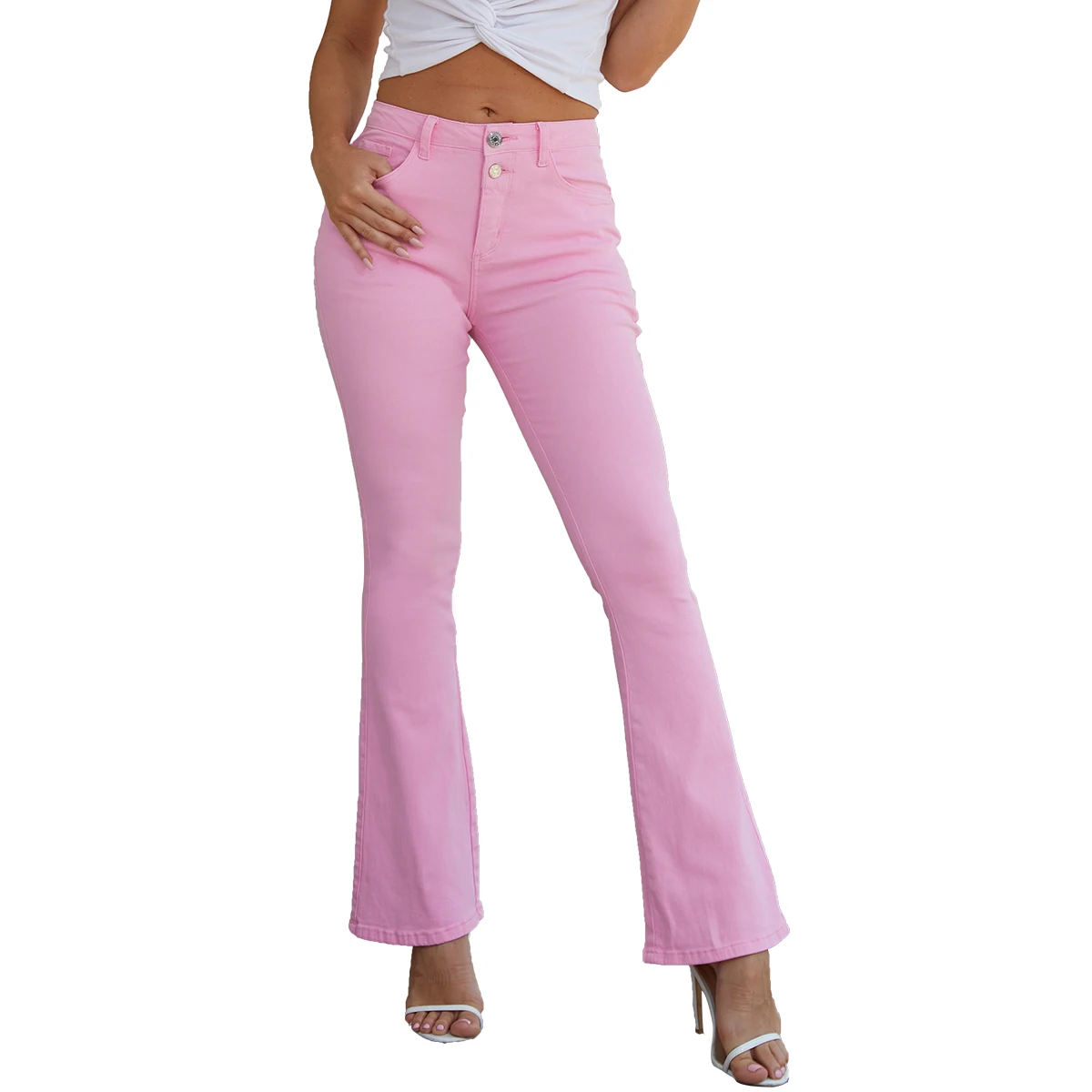 

Casual High Waisted Bell Bottom Pants Pink Solid Color Cyan Purple Flare Jeans for Women Trendy