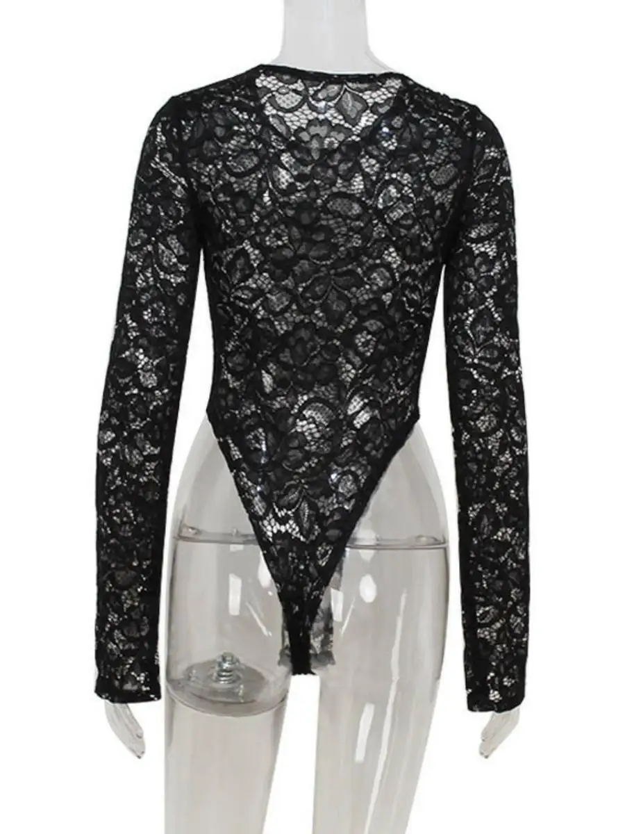 Sexy dentelle broderie transparent longue Sve femmes Onesie Faionable taille haute pantalon mince Polyester tissu été 2025