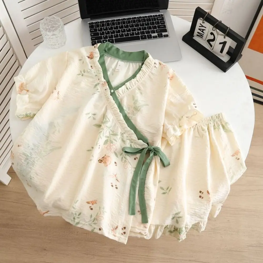 

New Chinese Style Lace Up Pajama Suit Flower Reffle Shorts Sleeve Nightwear V-Neck Women Homewear Two Pieces Sleepwear Sets