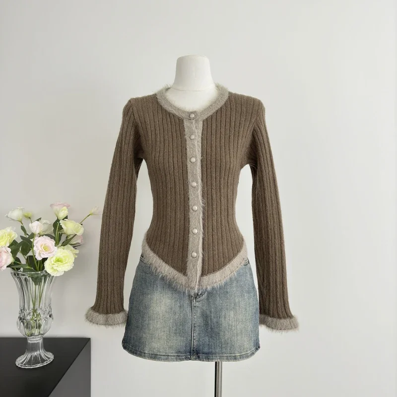 女性用長袖ラウンドネックニットカーディガン,キュートでトレンディな女の子用パッチワークセーター,スリムな婦人服,秋冬ファッション