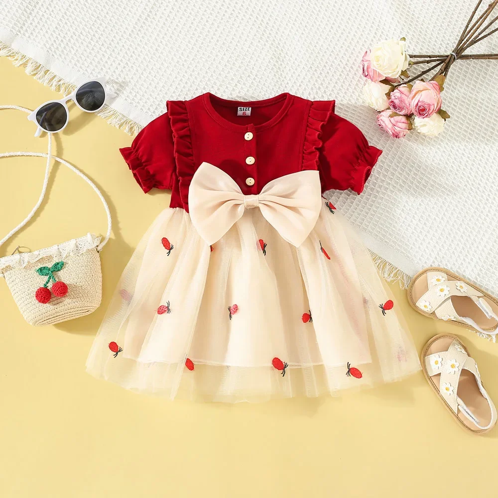 

Summer New Beige Bow Baby Girl Princess Dress, Sweet Embroidered Chiffon Children'S Clothing For Babies Aged 9 Months To 3 Years