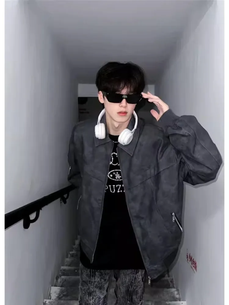 

Мужская кожаная куртка в американском ретро-стиле для весны и осени, модная уличная мотоциклетная одежда свободного кроя, удлиненная модель