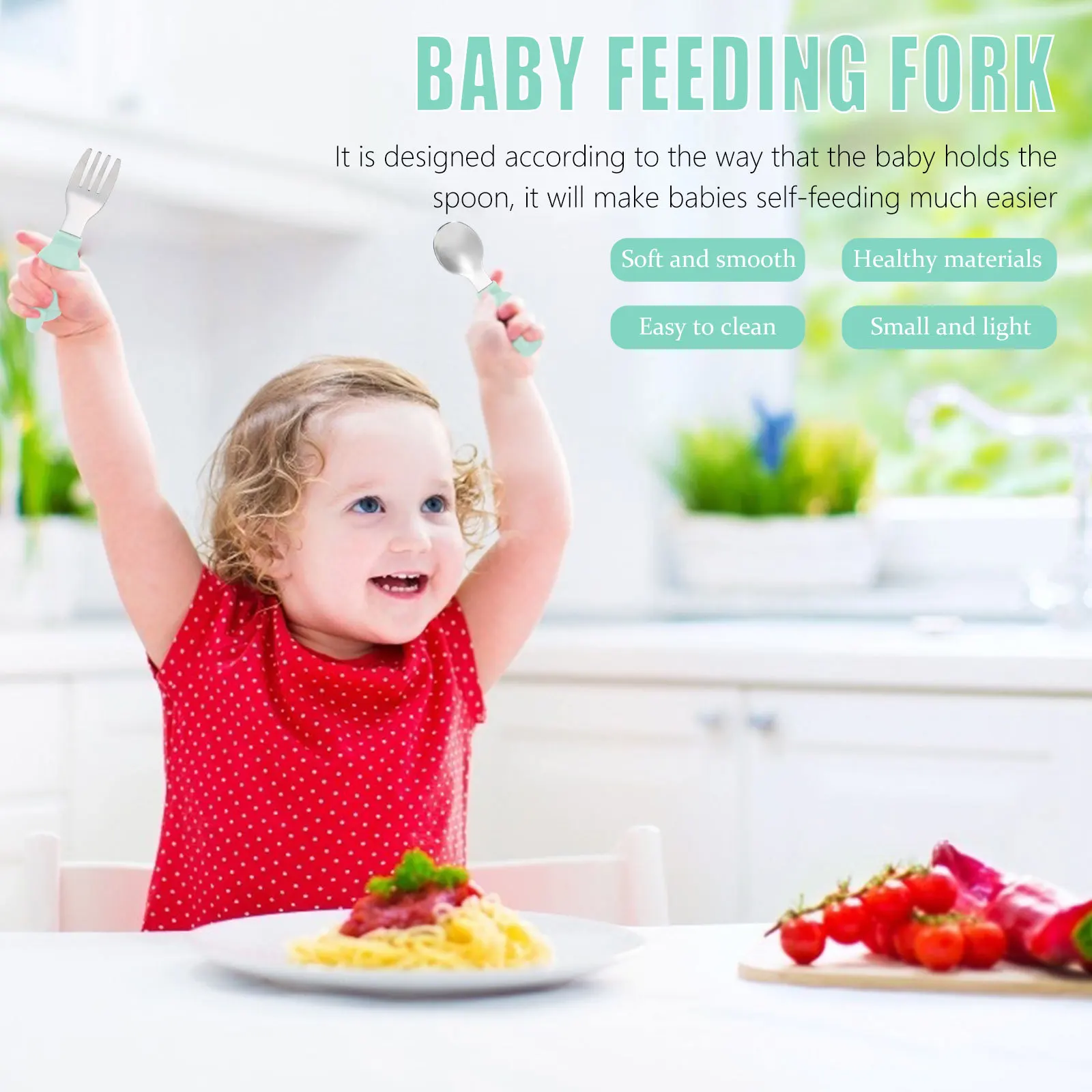 

1Set Baby Flatware Stainless Steel Spoon Fork Set Feeding Tableware Training Utensils Non-Slip Handle Baby -Feeding