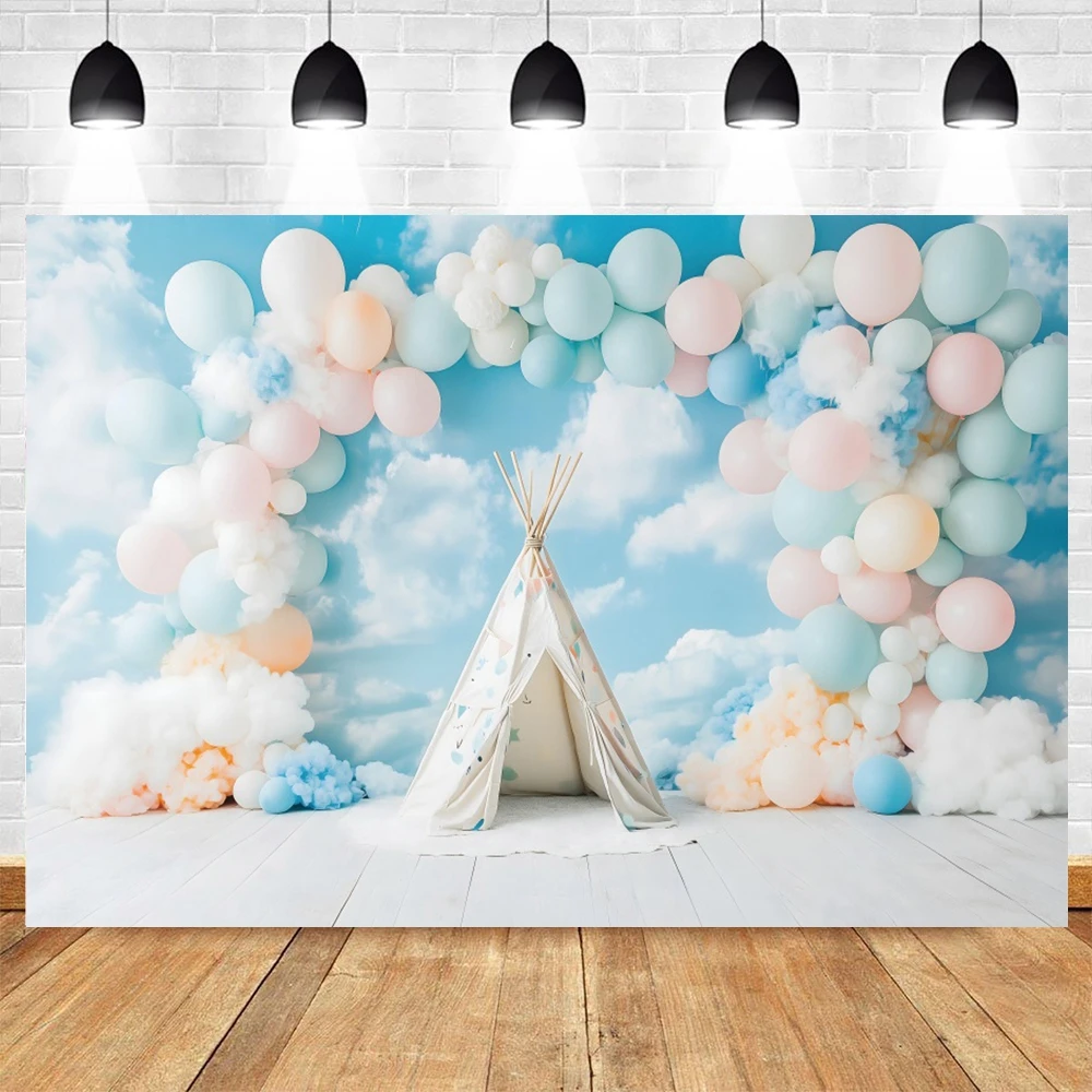 Fondo de 1er cumpleaños para recién nacido, globos, pared azul, nubes blancas, cielo, Luna, estrellas, retrato de Baby Shower, decoración de fondo para fotografía