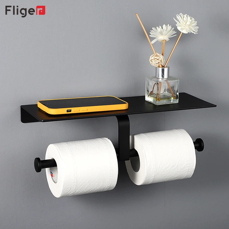 Fliger No Drill Toilet Paper Holder Black Double Paper Roll Holder Bathroom WC Paper Phone Holder Shelf Towel Roll shelf