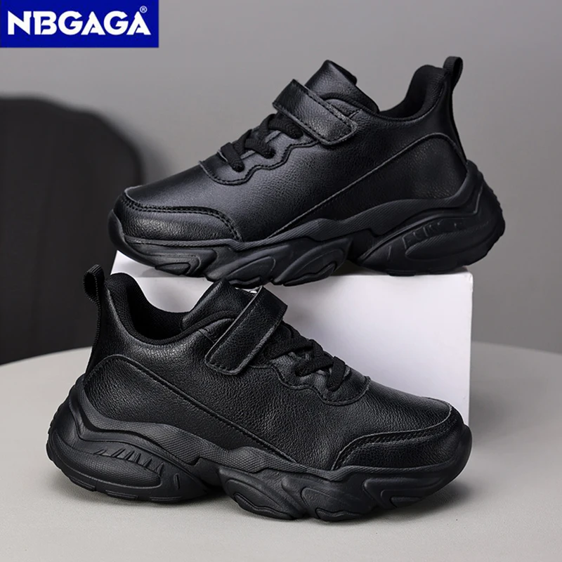 Children's Running Shoes Boys' Black Casual Sports Shoes Leather Comfortable Outdoor Soft Sole Walking Sneakers