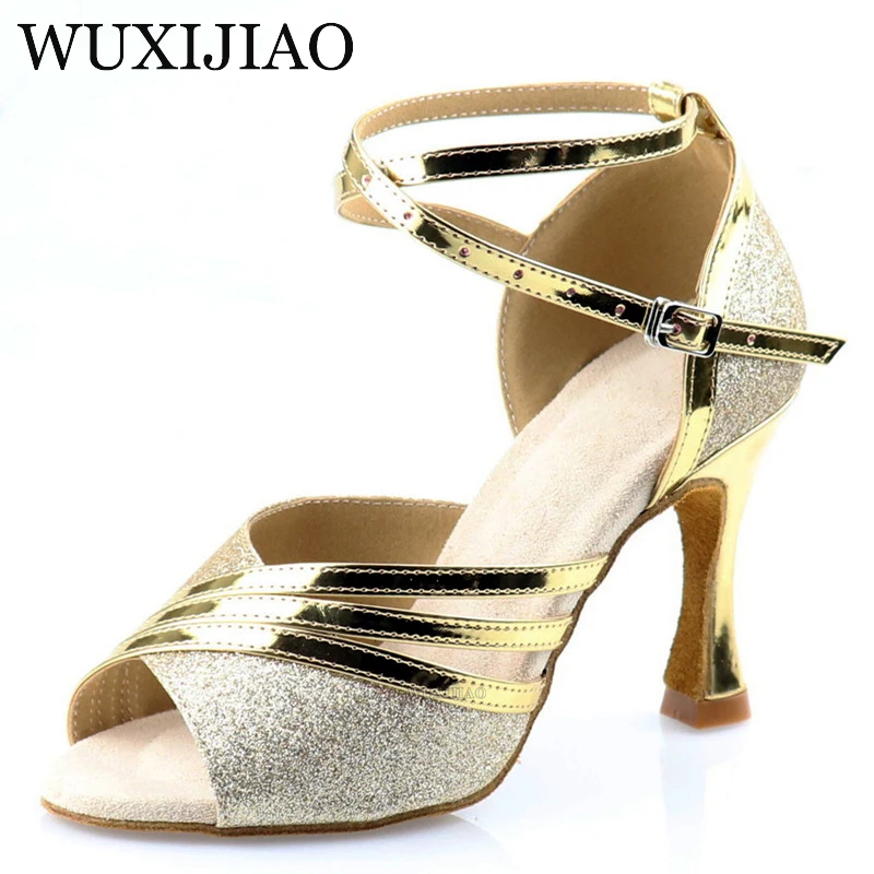 

WUXIJIAO Flash PU Fabric Women's Professional Latin Dance Shoes Salsa Ballroom Samba Dance Shoes Women's High Heel Soft