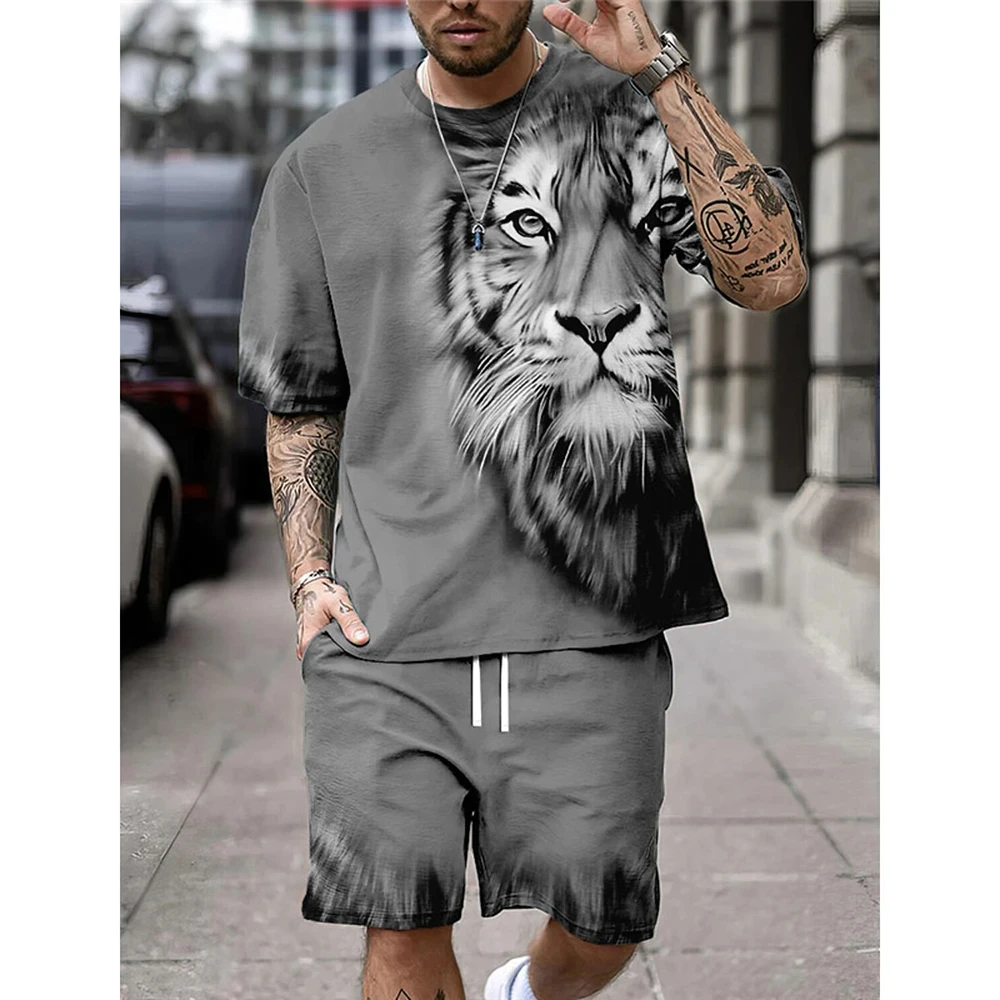 Vintage T-Shirts 2Pcs Sets 3D tiger Print Sweatshirt Men\'s Casual Tracksuits Short Sleeve O-neck T Shirt Set Man Suits Clothing