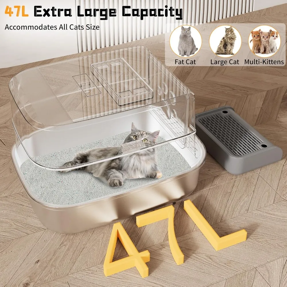 Dark Grey, High Sided Enclosed Hooded Litter Box with Lid, Never Absorbs Odors, Anti-Leakage, Easy Cleaning, Cat Litter Box