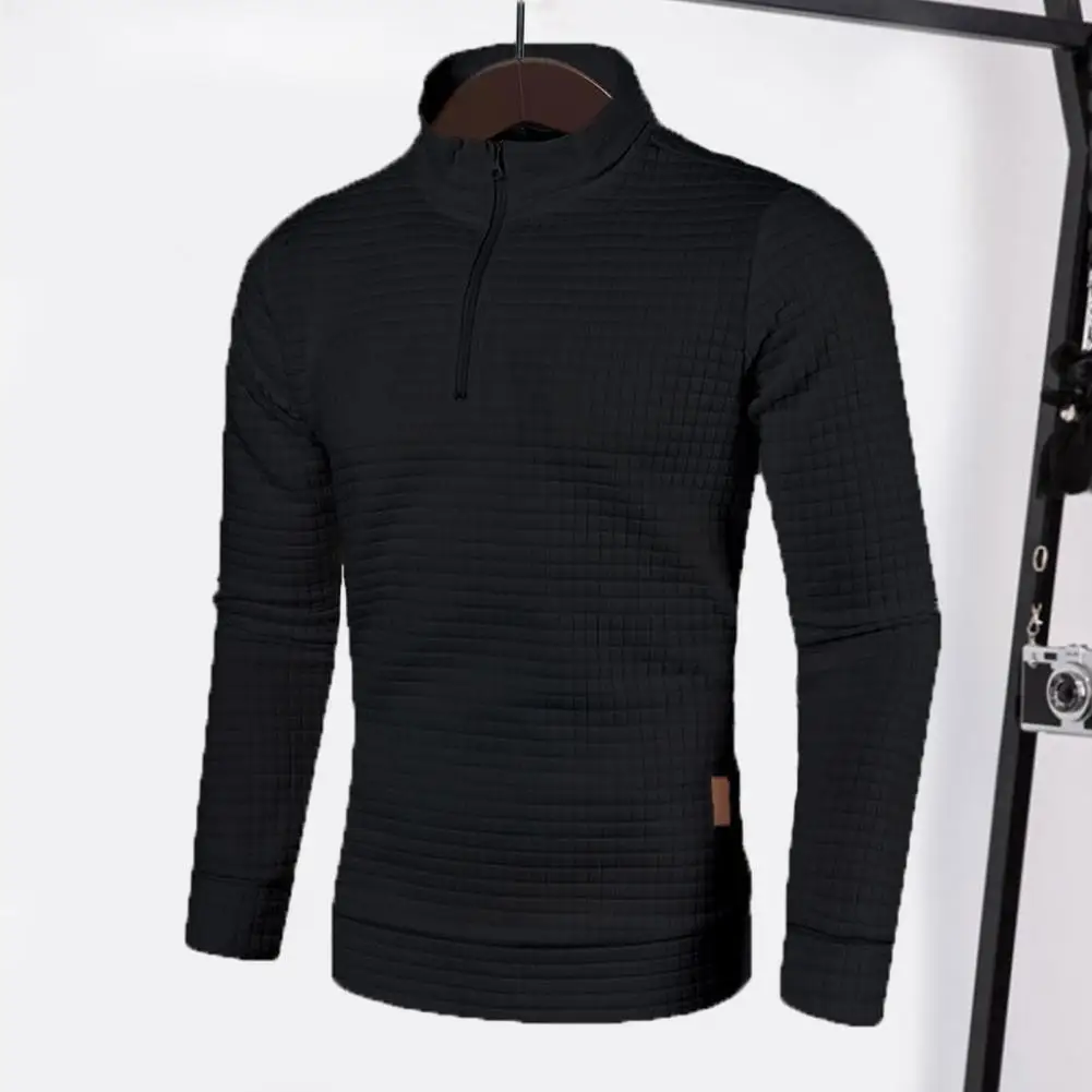 

Breathable Men Sweatshirt Stylish Men's Mid-length Pullover Warm Elastic Grid Texture Sweatshirt with Stand Collar for Fall