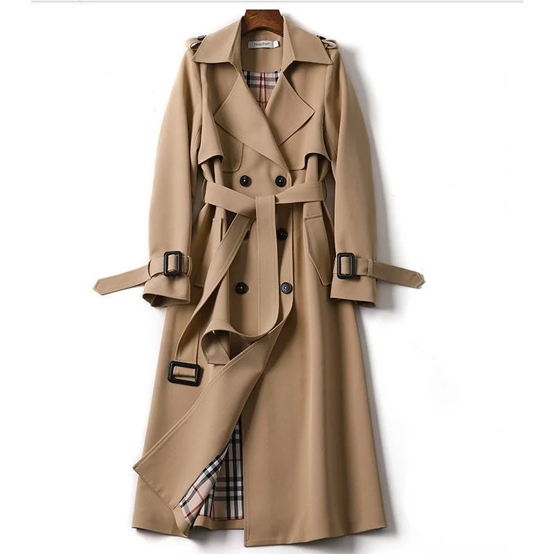 Trench Coats longo com gola V feminino com cinto, jaqueta à prova de vento, trespassado duplo, moda outono, street wear, tamanho S-XL, Dropshipping,