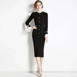 Autunno inverno Office Lady bottoni maniche lunghe donna elegante tasca dentellata abiti neri guaina solida femminile Vestido