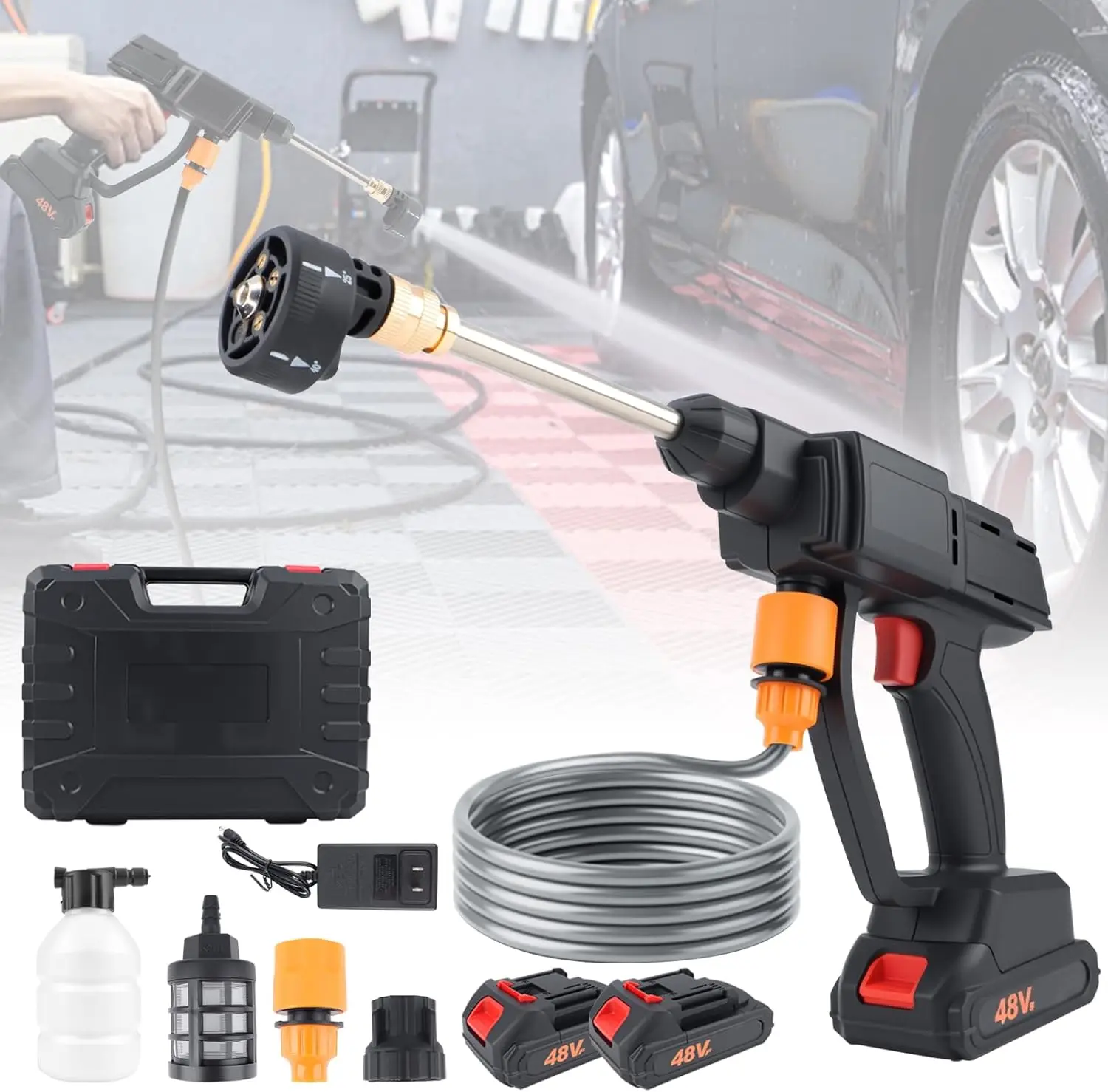 

Portable Pressure Washer 500PSI, 2 Battery, 6-in-1 Nozzle, 16.4FT Hose for Car, Garden, Floor, Yard