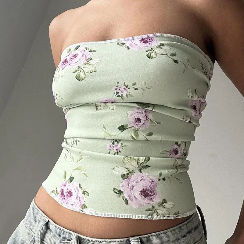 

Y2K Floral Print Tube Top Women Strapless Crop Top for Summer Camis for Party Holiday Coquette Aesthetic Fairycore