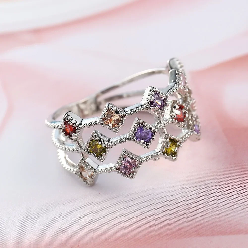 

New Fashion 925 Sterling SIlver Rings Women Wedding Three Layers Colorful Cubic Zircon Luxury Bridal Plata Bride Jewelry