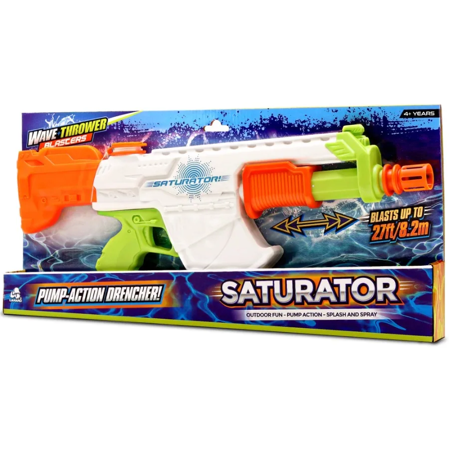 

: Water Blaster - Saturator - Green-White-Orange 20" Pump Action Drencher Toy Splash and Spray Water Up To 27ft 22oz Tank Outdo