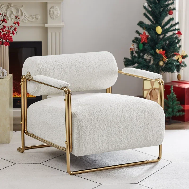 

New Deluxe Upholstered Accent Chair Fabric Single Sofa White Living Room Chair Family Hotel Villa