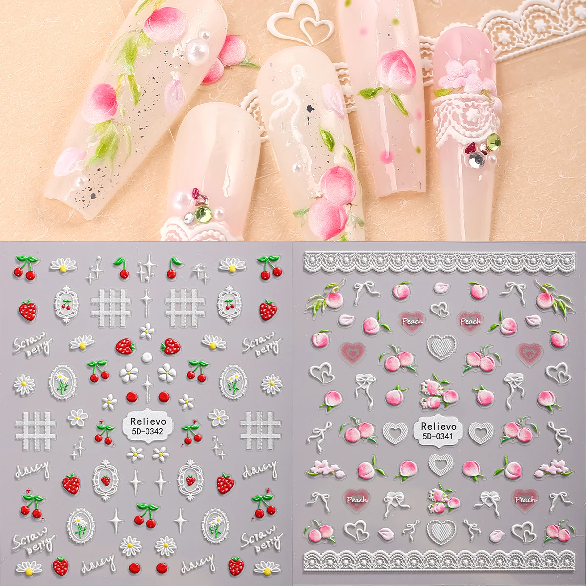 2 szt. Świeże, słodkie naklejki na paznokcie z motywem owoców, naklejki 5D z truskawkami, wiśniami i brzoskwiniami, samoprzylepne ozdoby do paznokci, do samodzielnego zdobienia manicure.