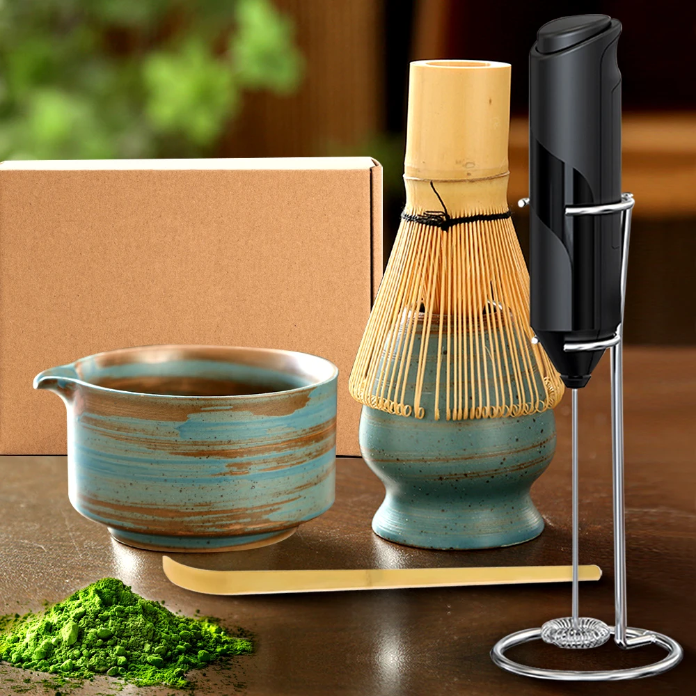 抹茶泡立て器セットとボウル,お茶作りキット,注ぎ口付きボウル,パウダースターターシフター,セラミックティー泡立て器ホルダー