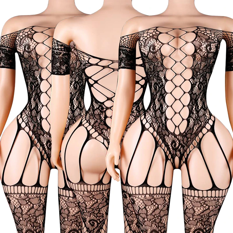 Off Shoulder Mesh Hollow Bodysuits Erotic Crotchless Lingerie Women Short Sleeve Open Bra Bodystocking Sexy Underwear Body Suits