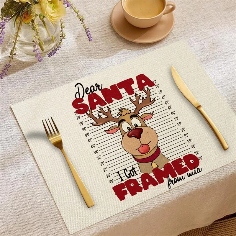 VIKAMA Linen Placemats Funny Reindeer Slogan, Cream Red Green, Stain Resistant Easy to Clean, Dining Table Rustic