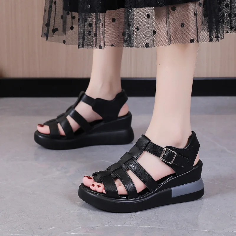 Large Size Hollow Buckle Sandals Womens 2023 Summer New Open Toe Casual Women Shoes Retro Flat Roman Platform Sandals