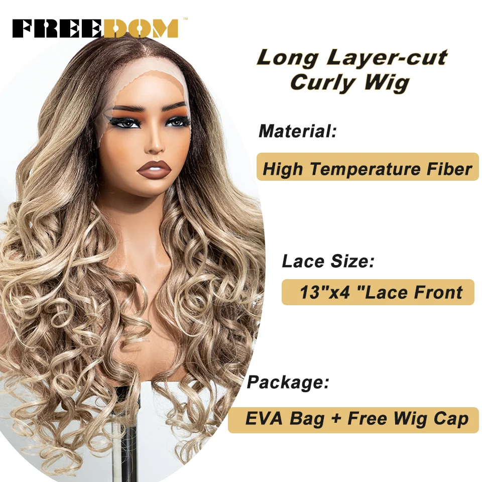 FREEDOM Lockige Synthetische Lace-Front-Perücken für Schwarze Frauen 24 Zoll Vorgezupfte Lace-Perücke Ombre Braun Blond Highlight Tägliche Perücke – Detail 3