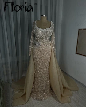 Customized Luxury Nude Champagne Evening Dress With Overskirt Vintage Neck Long Sleeve Bride Wedding Party Gowns Robes De Soirée