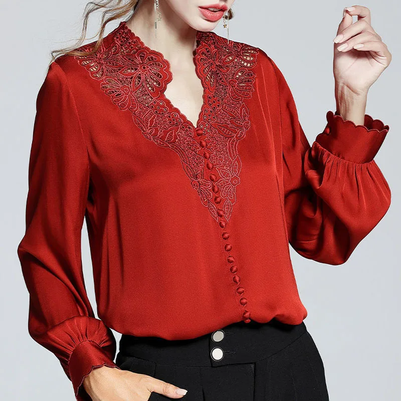 New Long Sleeve Satin Women\'s Shirts Loose Fashion Woman Tops Lace Spliced Ladies Feminine Blouses Women Clothing Blusas 20645