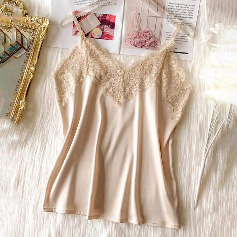 

Women Satin Vest, Lace Patchwork, Solid Color, Sleeveless Backless Spaghetti Strap, V Neck, Silky Soft Casual Women Camisole Top